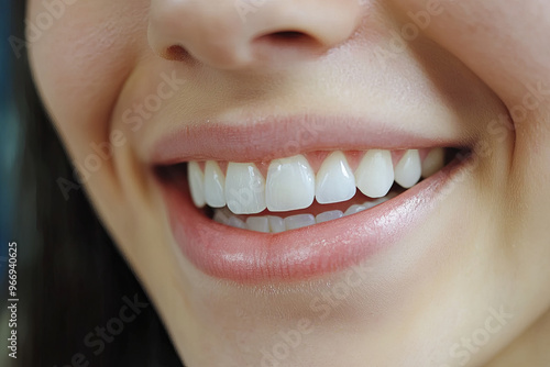 Dental smile of a woman in a studio, showcasing teeth whitening and oral hygiene photo