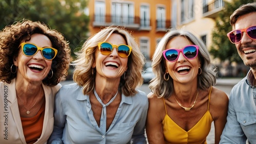 Fun middle-aged senior older women wearing sunglasses laughing with fun. Girls long time friendships invaluable part of life, good friends having fun improve mental well-being after retirement  photo