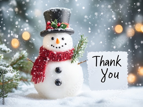 A cheerful snowman with a top hat and scarf, expressing gratitude.