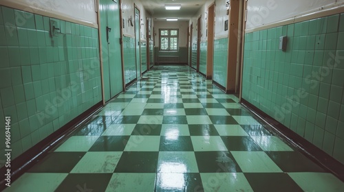 Abandoned Hospital Corridor with Green Tile and Checkerboard Floor