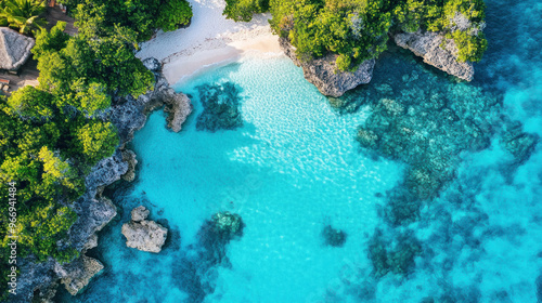 An aerial shot of a stunning island destination with turquoise waters and white sandy beaches, perfect for travel inspiration