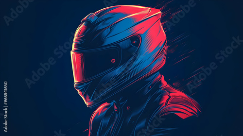 A stylized illustration of a motorcycle racer in a helmet, emphasizing speed and motion. photo