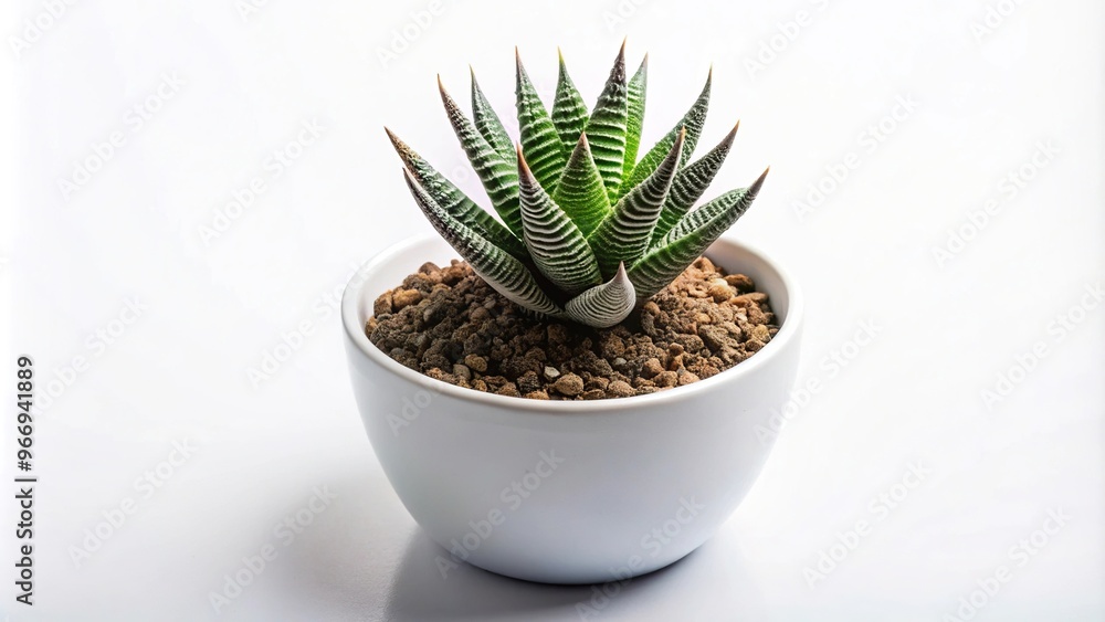 Succulent plant Zebra Haworthia in white pot with Japanese soil on white background Succulent plant Zebra Haworthia in white pot with Japanese soil on white background