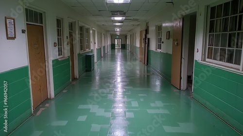 Empty Hallway in Abandoned Building with Green Walls and Tiled Floor