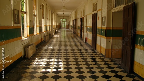 Abandoned Hallway with Checkerboard Floor and Tiled Walls
