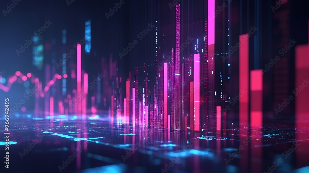 A futuristic cityscape rendered in vibrant pink and blue hues, with tall, glowing structures reflecting on a dark, reflective surface. A futuristic cityscape rendered in vibrant pink and blue hues, with tall, glowing structures reflecting on a dark, reflective surface.