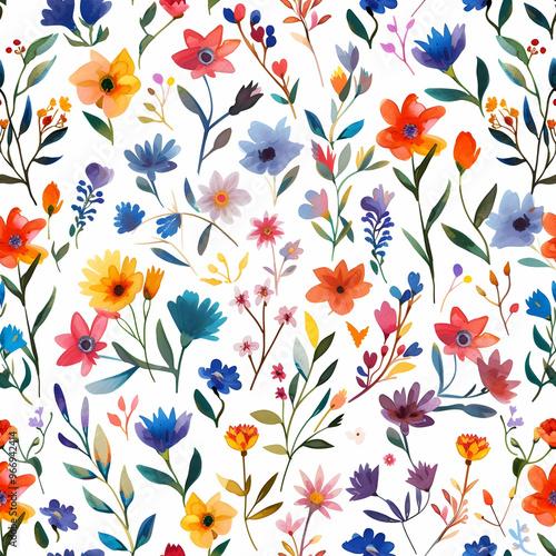 cartoon watercolor doodle flowers seamless tile, perfect for decorative backgrounds and fabric pattern design