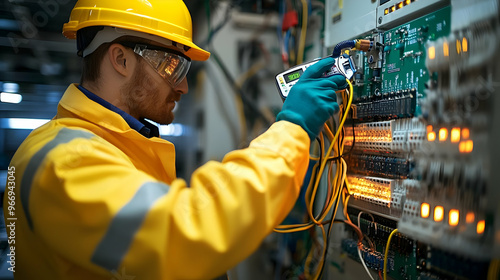 A technician in safety gear...