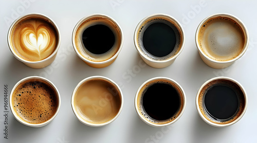 A variety of coffee cups showcasing different types and textures of coffee.