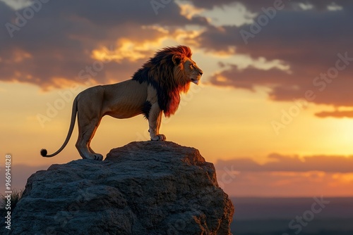 In the fading light of the day, a lone lion stands atop a rocky outcrop, its mane glowing in the warm hues of the sunset, surveying its kingdom with a regal air with generative ai