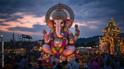 Ganesha Chaturthi, a large Ganesha idol decorated with colorful flowers and twinkling lights, Ai generated images photo