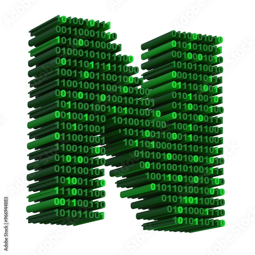 3D isometric letter N font made from binary code digits on transparent background PNG