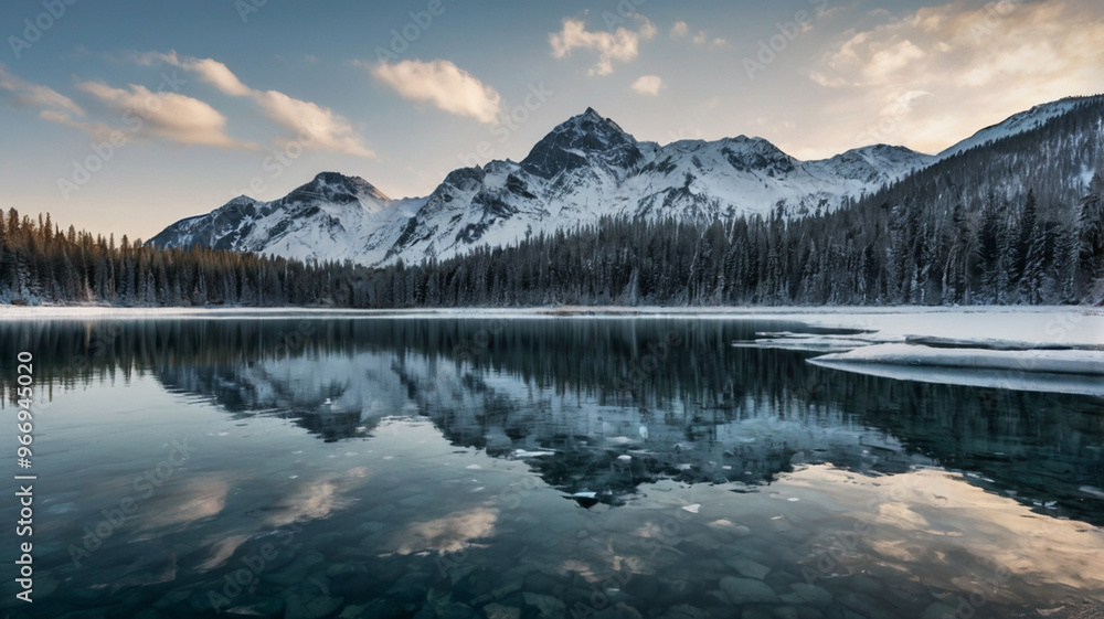 a lake surrounded by ice mountains and trees a lake surrounded by ice mountains and trees