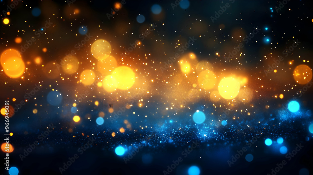A vibrant abstract background featuring glowing particles in blue and orange hues.