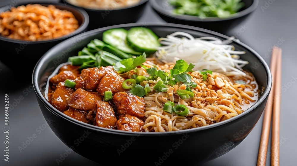 Delicious Asian Noodle Bowl with Chicken Peanuts and Cucumber Delicious Asian Noodle Bowl with Chicken Peanuts and Cucumber
