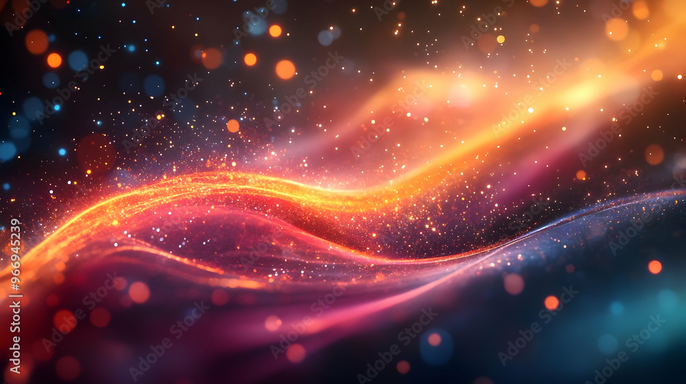 A vibrant abstract design featuring flowing waves of light and sparkling particles. A vibrant abstract design featuring flowing waves of light and sparkling particles.