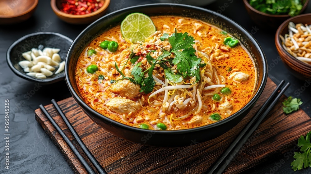 Delicious Thai Chicken Curry Noodle Soup with Lime Bean Sprouts and Cilantro Delicious Thai Chicken Curry Noodle Soup with Lime Bean Sprouts and Cilantro
