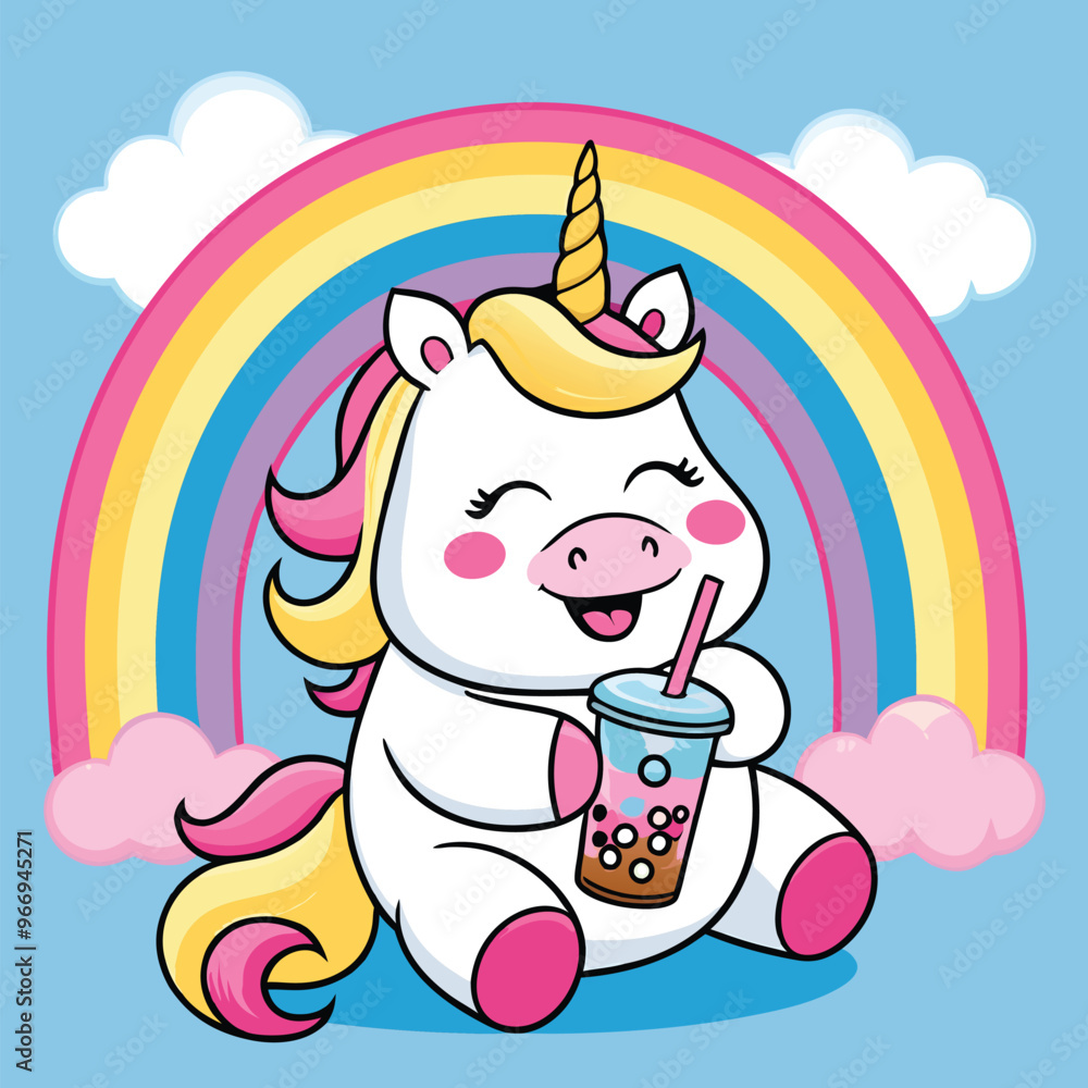 Cute Unicorn Drinking Boba Milk Tea With Rainbow Cartoon Vector Icon Illustration.Animal Drink Icon Cute Unicorn Drinking Boba Milk Tea With Rainbow Cartoon Vector Icon Illustration.Animal Drink Icon