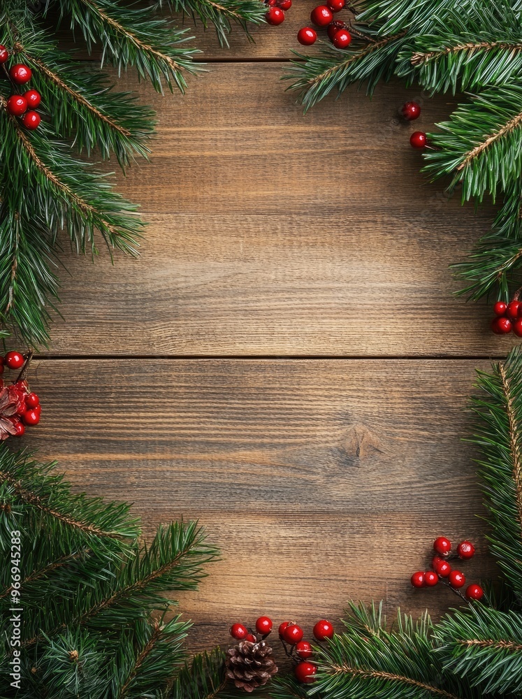 Christmas Wooden Background with Pine Branches and Red Berries, New Year's Decoration for Web or Banners Christmas Wooden Background with Pine Branches and Red Berries, New Year's Decoration for Web or Banners