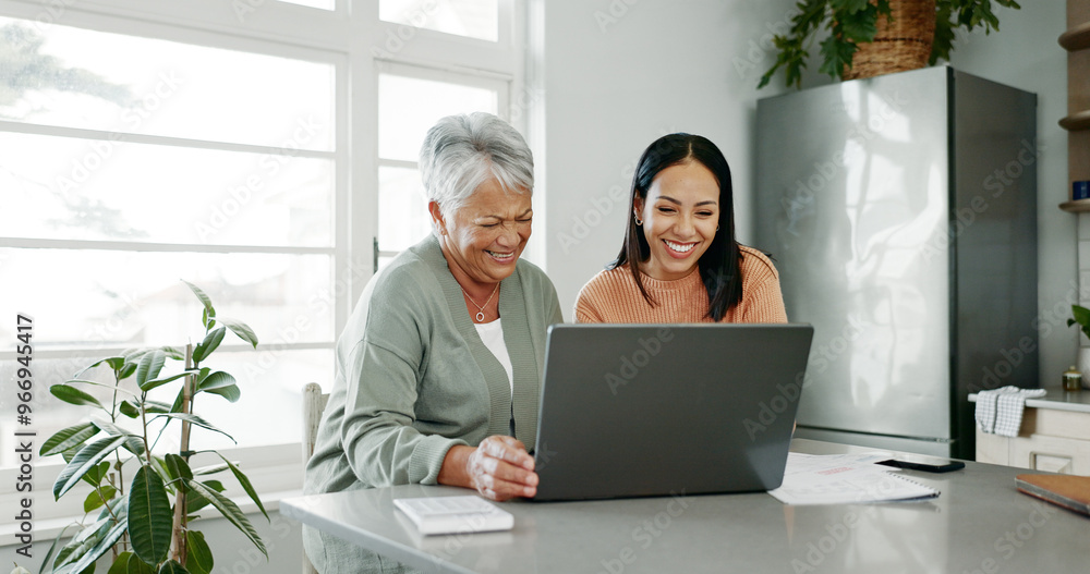 Kitchen, mother and woman with laptop for budget, track expenses and success for financial goals. Home, senior mom and adult daughter with tax review for retirement, insurance savings and mortgage Kitchen, mother and woman with laptop for budget, track expenses and success for financial goals. Home, senior mom and adult daughter with tax review for retirement, insurance savings and mortgage