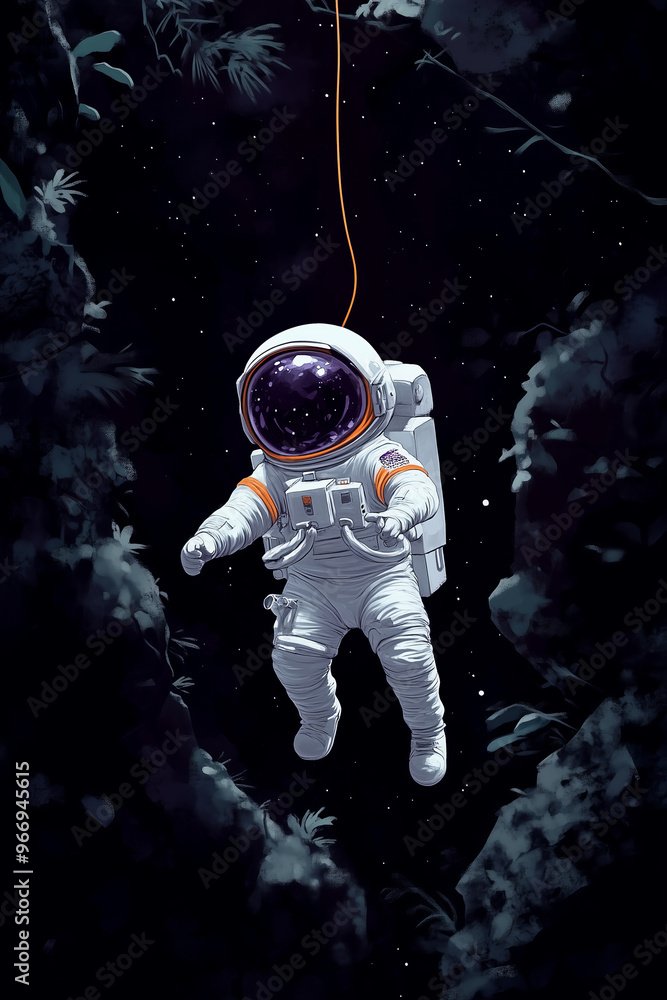 An astronaut floats in space, tethered to a string, with a starry background and a rocky foreground An astronaut floats in space, tethered to a string, with a starry background and a rocky foreground