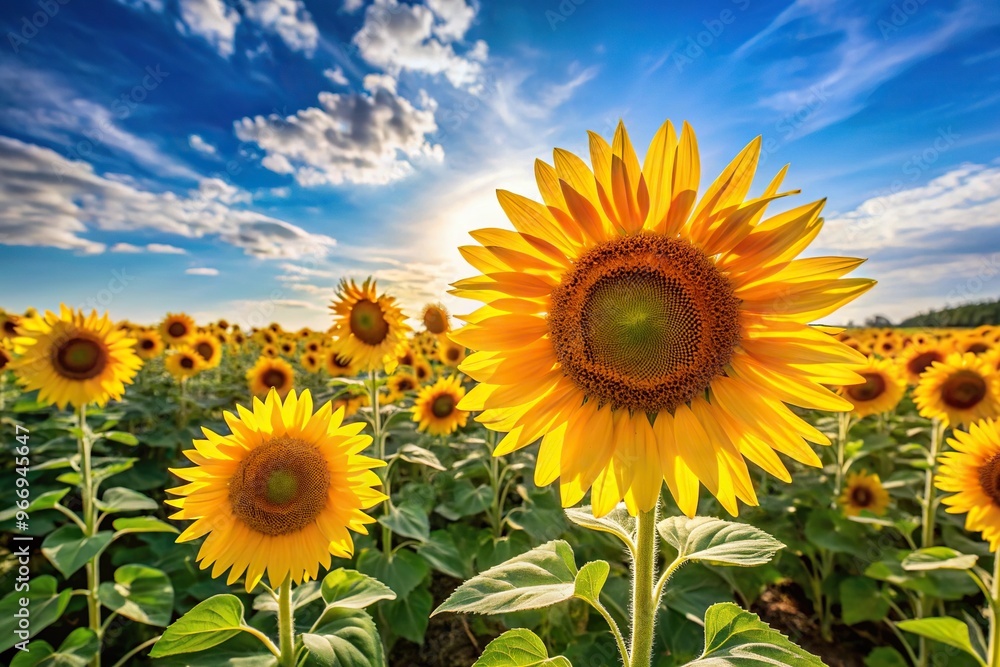 Fototapeta premium Sunflowers field under blue sky