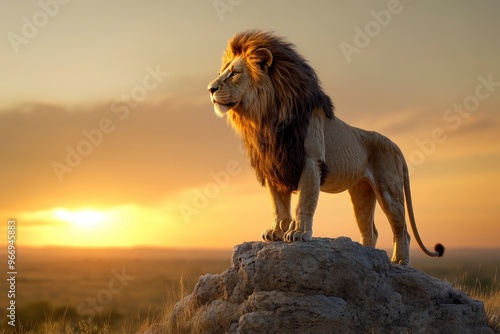 In the fading light of the day, a lone lion stands atop a rocky outcrop, its mane glowing in the warm hues of the sunset, surveying its kingdom with a regal air with generative ai