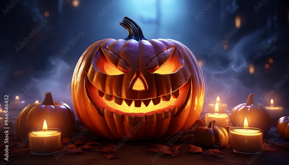 Fototapeta premium Glowing Jack-o'-Lantern with Candles on a Wooden Table