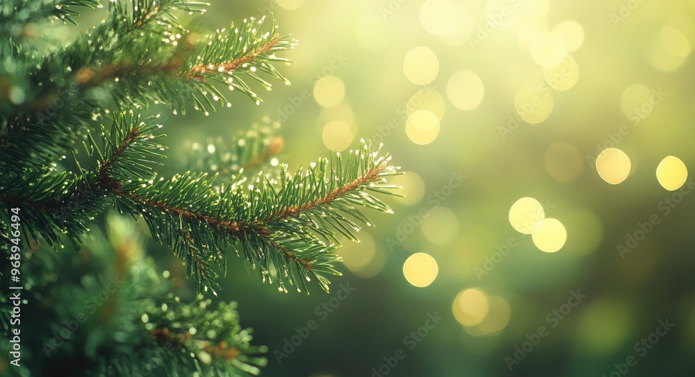 Close-Up of Christmas Tree Branches with Bokeh Lights, Green and Yellow Colors, Soft Light Close-Up of Christmas Tree Branches with Bokeh Lights, Green and Yellow Colors, Soft Light