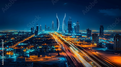A vibrant city skyline at n...
