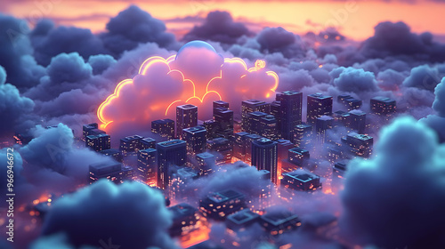 A vibrant cityscape at dusk...