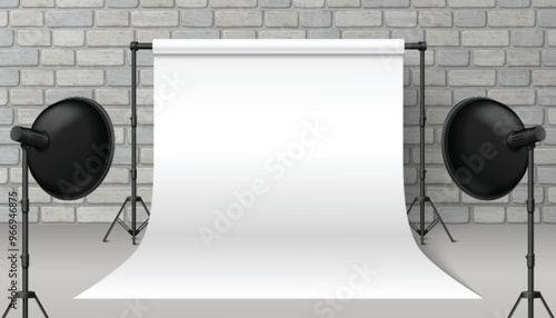 White empty paper backdrop in photo studio vector. Photography shoot room with light and tripod equipment. Portfolio session setup mockup. Fashion atelier interior with realistic blank roll up space