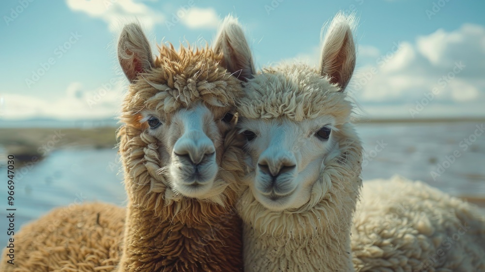 Obraz premium South American Camelids: Portrait of Two Alpacas Against Blue Sky Background