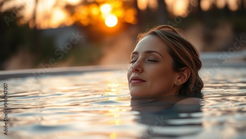 Woman Relaxing in Water at Sunset 