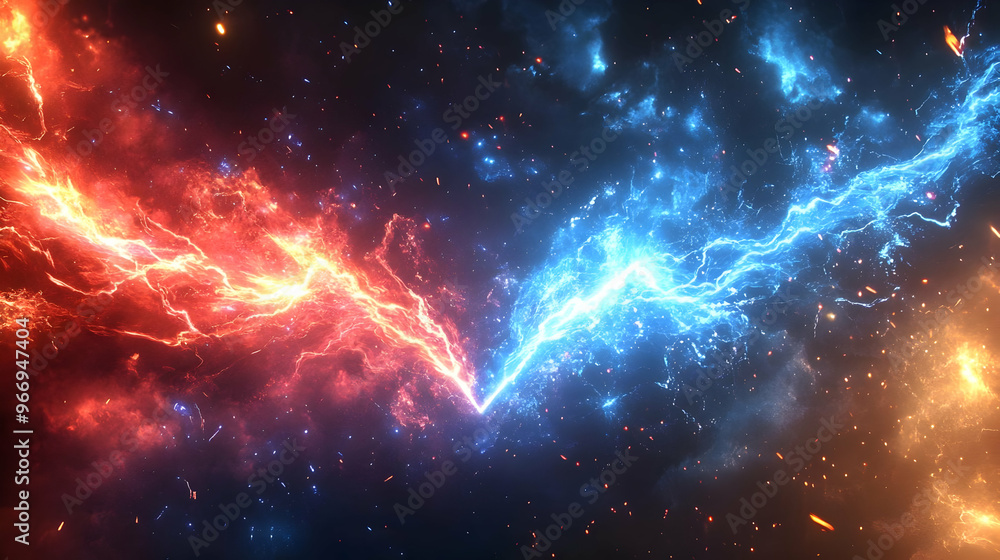 A vibrant cosmic scene depicting contrasting energy flows in red and blue colors. A vibrant cosmic scene depicting contrasting energy flows in red and blue colors.