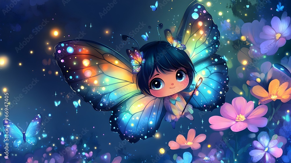 Charming Chibi Fairy with Luminous Pastel Wings, Enchanting Garden Setting, Whimsical Atmosphere, Magical Glow, Delicate Features Charming Chibi Fairy with Luminous Pastel Wings, Enchanting Garden Setting, Whimsical Atmosphere, Magical Glow, Delicate Features