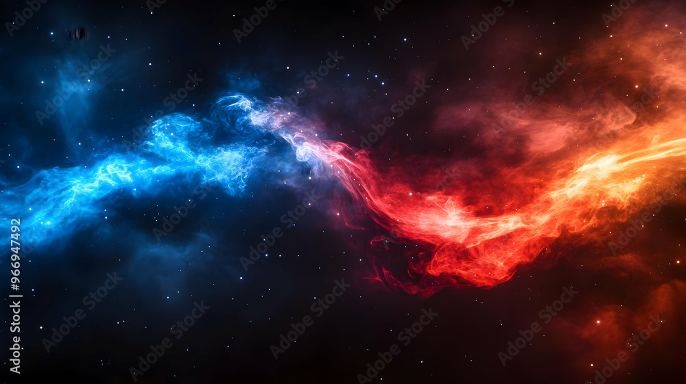 A vibrant cosmic scene with swirling blue and red nebulae against a dark background. A vibrant cosmic scene with swirling blue and red nebulae against a dark background.