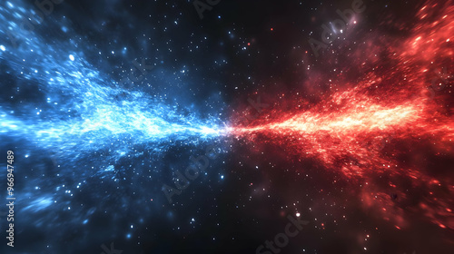 A vibrant cosmic scene with blue and red streams of energy representing space phenomena.