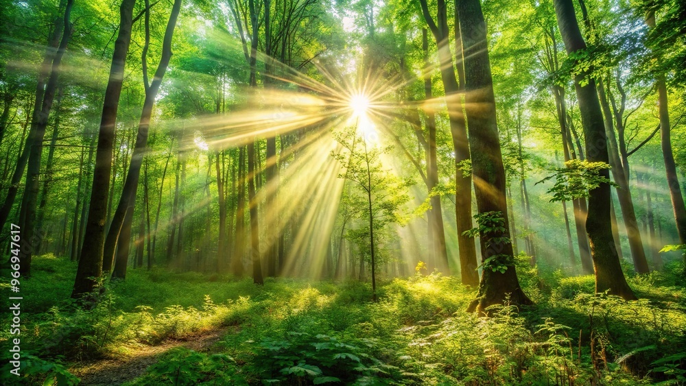 Obraz premium Sunlight streaming through lush forest Macro