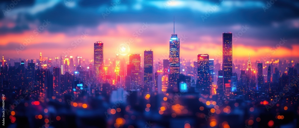 Fototapeta premium Cityscape at Dusk with Glowing Lights and a Dramatic Sky