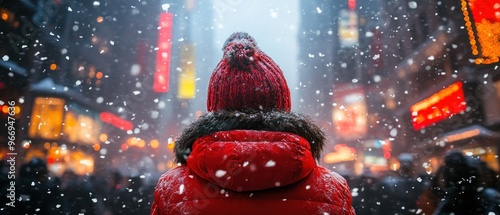 Person in Red Winter Coat Walking Through Snowy City at Night