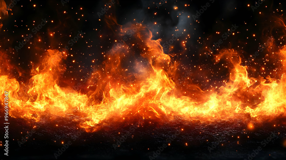 A vibrant depiction of flames with glowing embers against a dark background. A vibrant depiction of flames with glowing embers against a dark background.