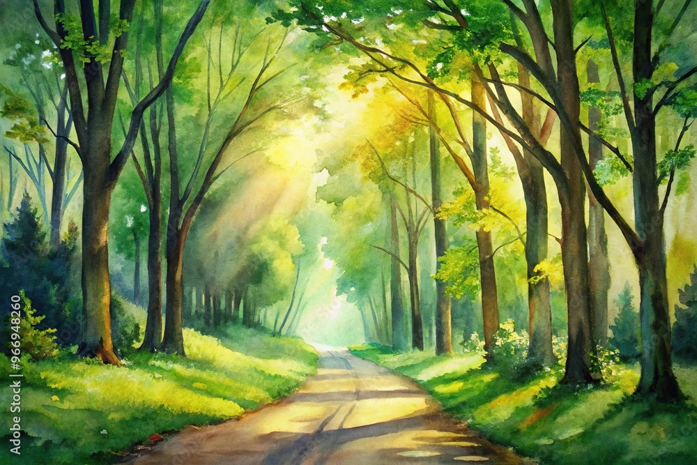 Naklejka premium Sunlit forest path watercolor painting with trees in shades of green and yellow