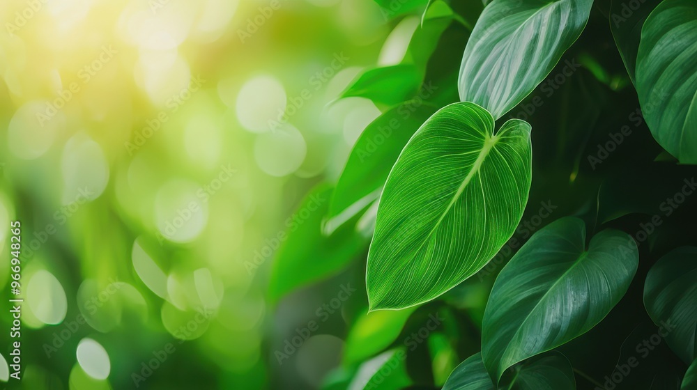 Naklejka premium Lush Green Leaf with Bokeh Background
