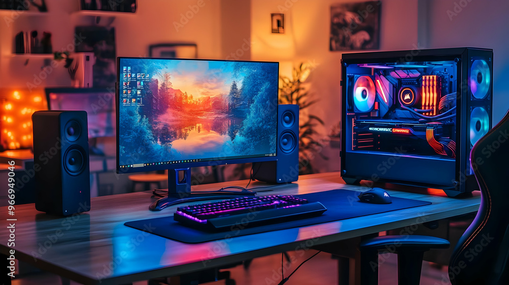 A vibrant gaming setup featuring a monitor, keyboard, and a stylish PC case. A vibrant gaming setup featuring a monitor, keyboard, and a stylish PC case.