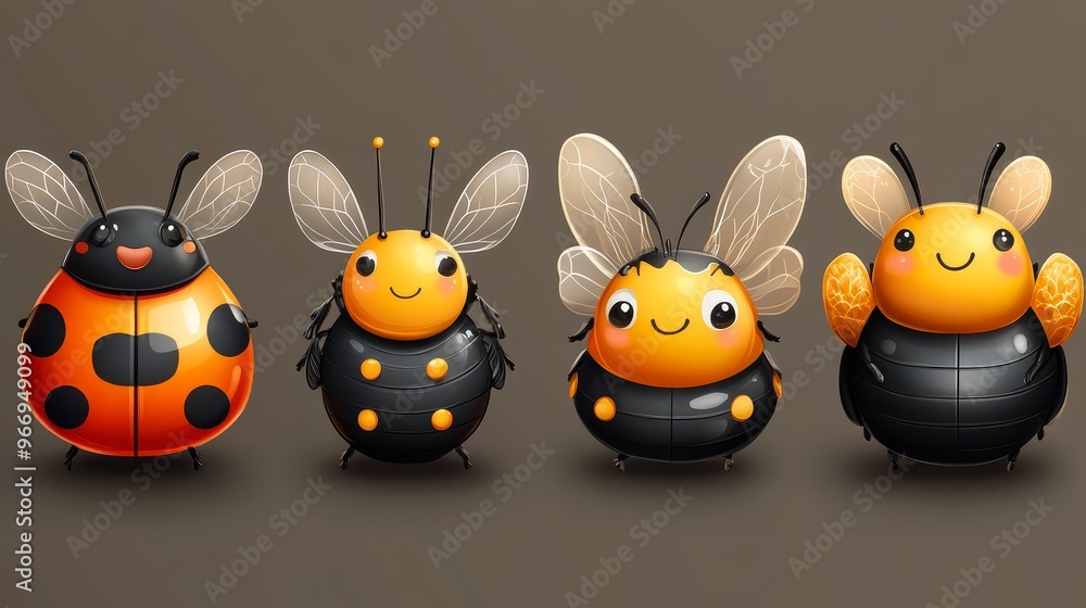 Cute Cartoon Insects Set Ladybug Bumblebees with Wings Cute Cartoon Insects Set Ladybug Bumblebees with Wings