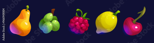 Casino slot fruit ui element set for game vector. Lemon, cherry, grape, pear and raspberry 2d item for gambling video app interface illustration. Pack of glossy object to luck spin isolated kit.