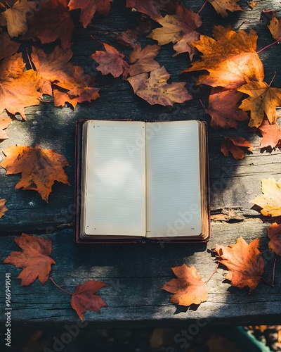 Rustic Diary Reflection, an empty diary rests on a weathered wooden table, evoking a sense of nostalgia and untold stories waiting to be written. photo