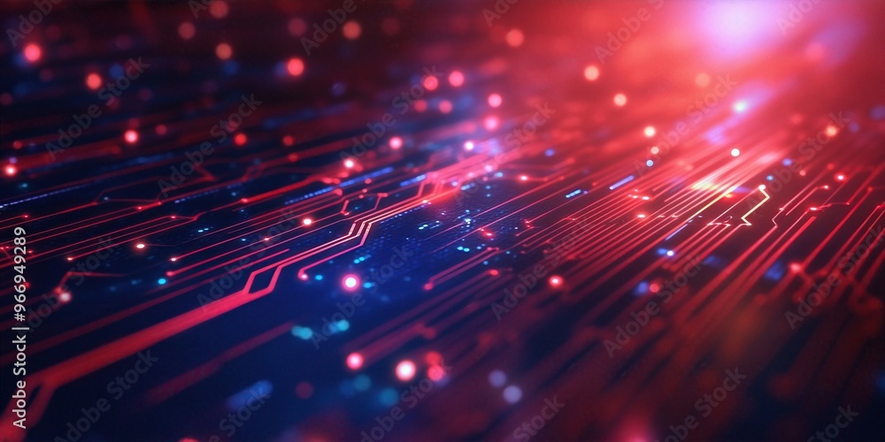 Fototapeta premium Vibrant circuit board design with glowing lights, illustrating advanced technology and connectivity in a digital landscape.