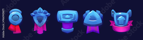 Blue game rank icons set isolated on background. Vector cartoon illustration of round and triangular medals, shield shape award badges decorated with red and pink ribbons, winner insignia trophy